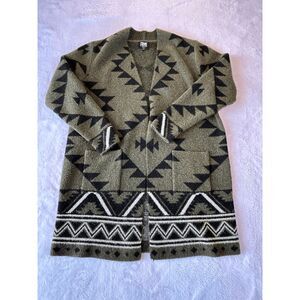 Frye Forest Green Long Open Geometric/ Southwestern Pattern Cardigan Size L